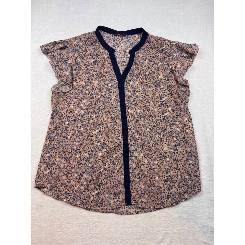 Gaharu Womens XXL Floral Flutter Sleeve V-Neck Blouse Pink Blue Casual Top